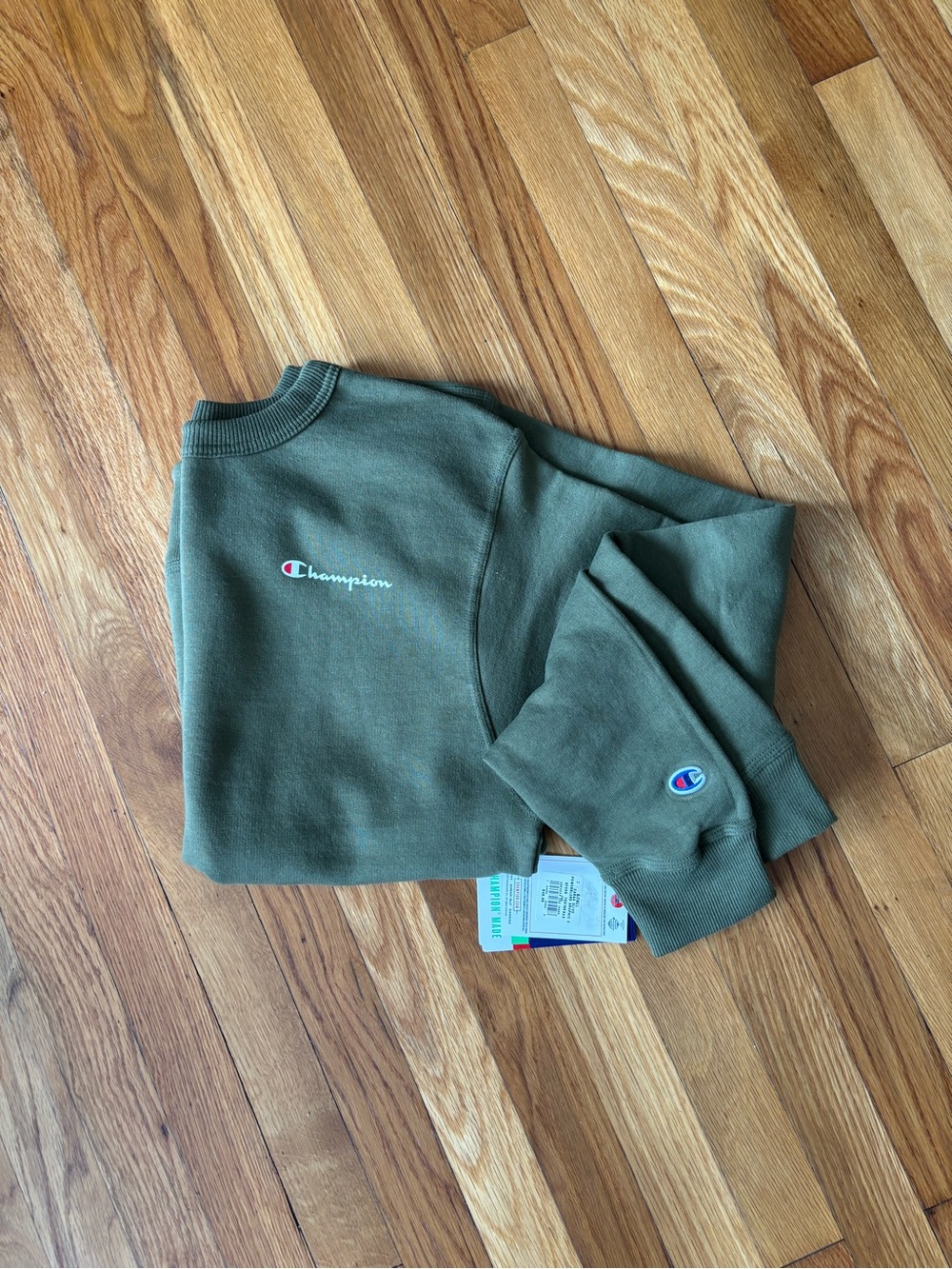Champion Unisex Olive Crewneck Sweatshirt with Embroidered Logos